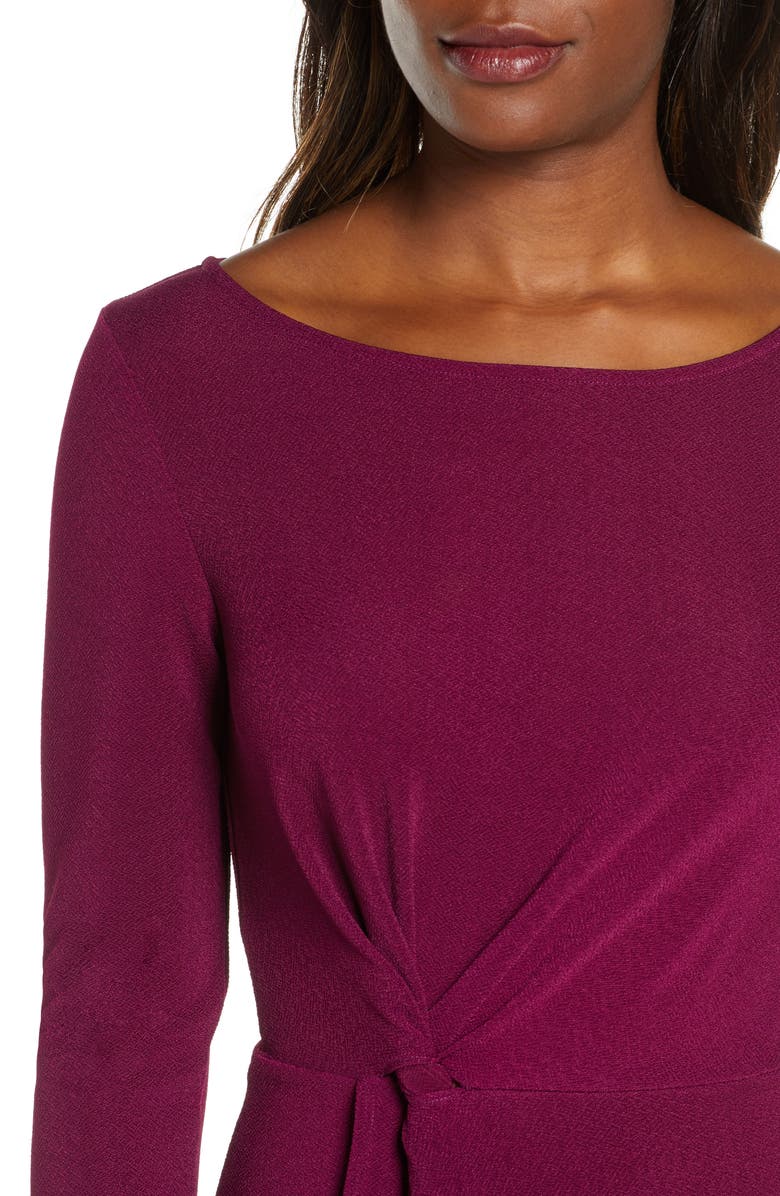 Leota Erin Knot Waist Long Sleeve Textured Crepe Dress, Alternate, color, 