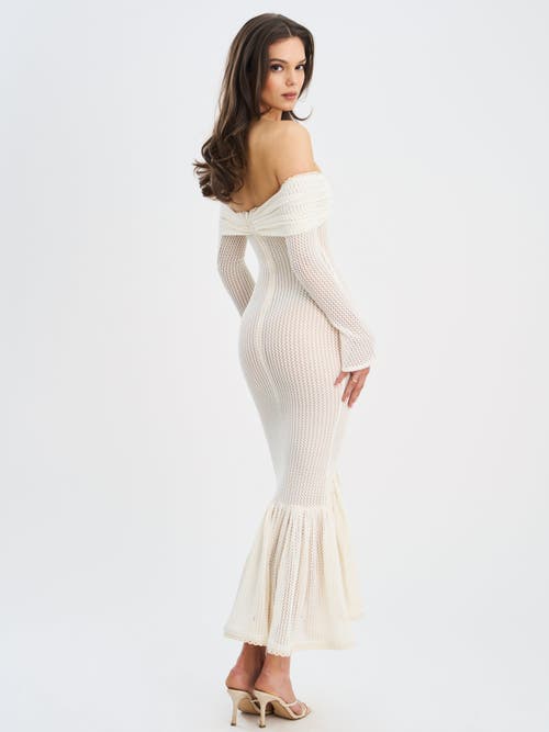 Miss Circle Kaedyn Off Shoulder Long Sleeve Crochet Mermaid Maxi Dress In Neutral