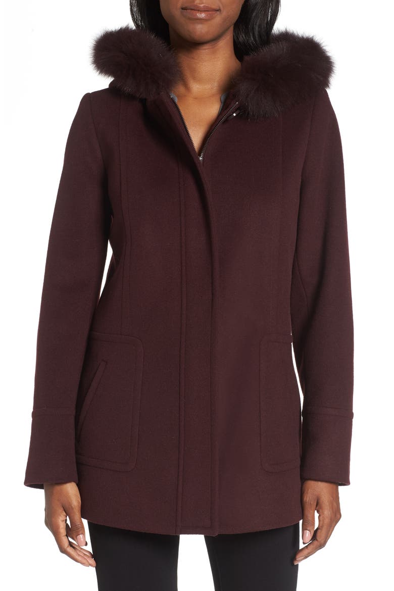 Hooded Wool Blend Coat with Genuine Fox Fur Trim, Main, color, BURGUNDY