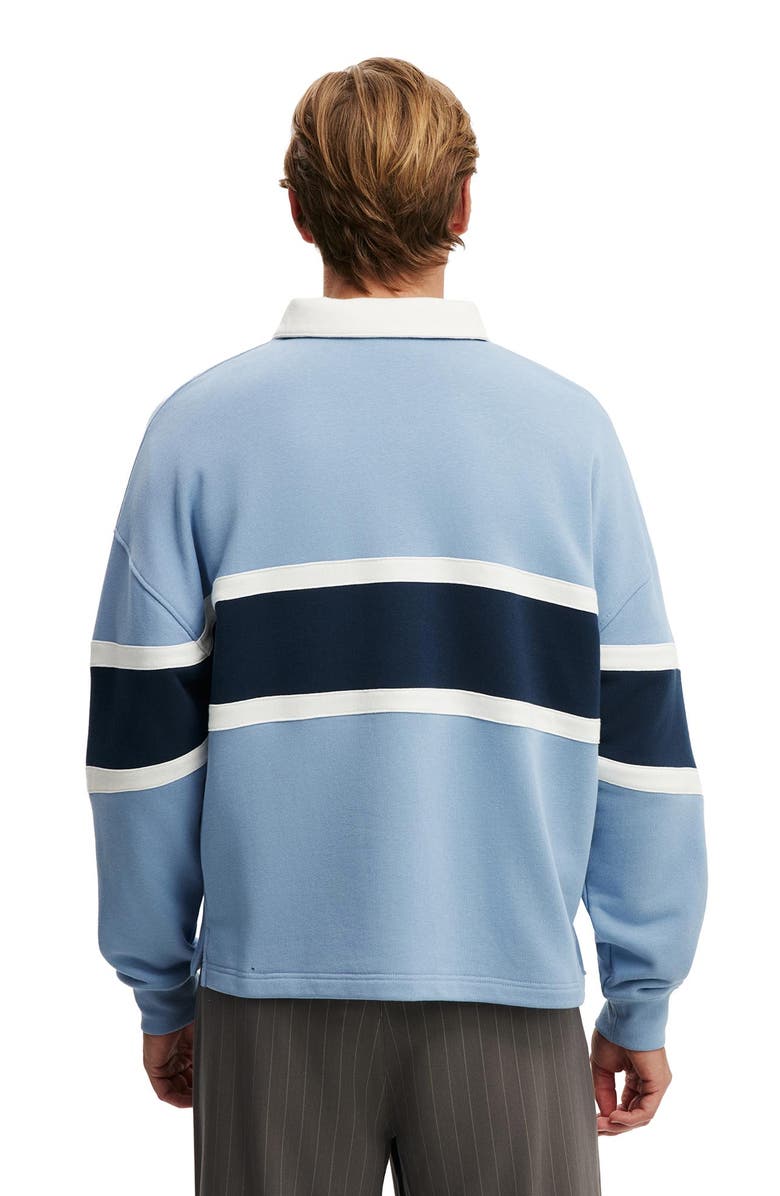 Cotton On Men's Cropped Fit Graphic Fleece Polo, Alternate, color, Riviera Blue Vintage White
