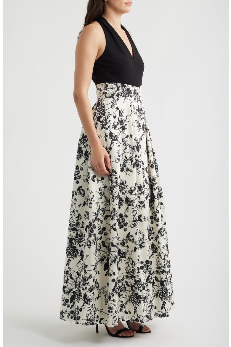 Print Pleated Sleeveless Gown, Alternate, color, BLACK MULTI