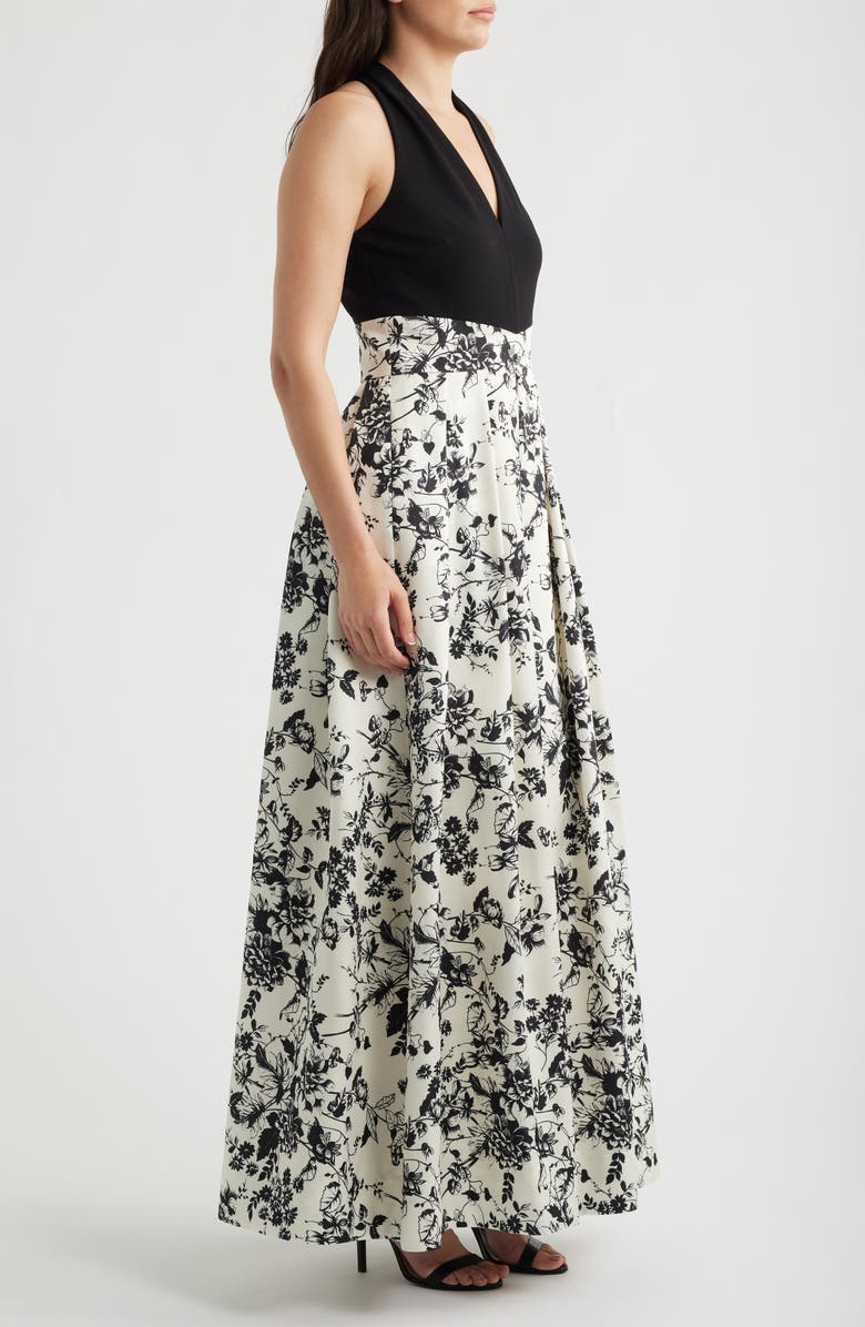Julia Jordan Print Pleated Sleeveless Gown, Alternate, color, Black Multi