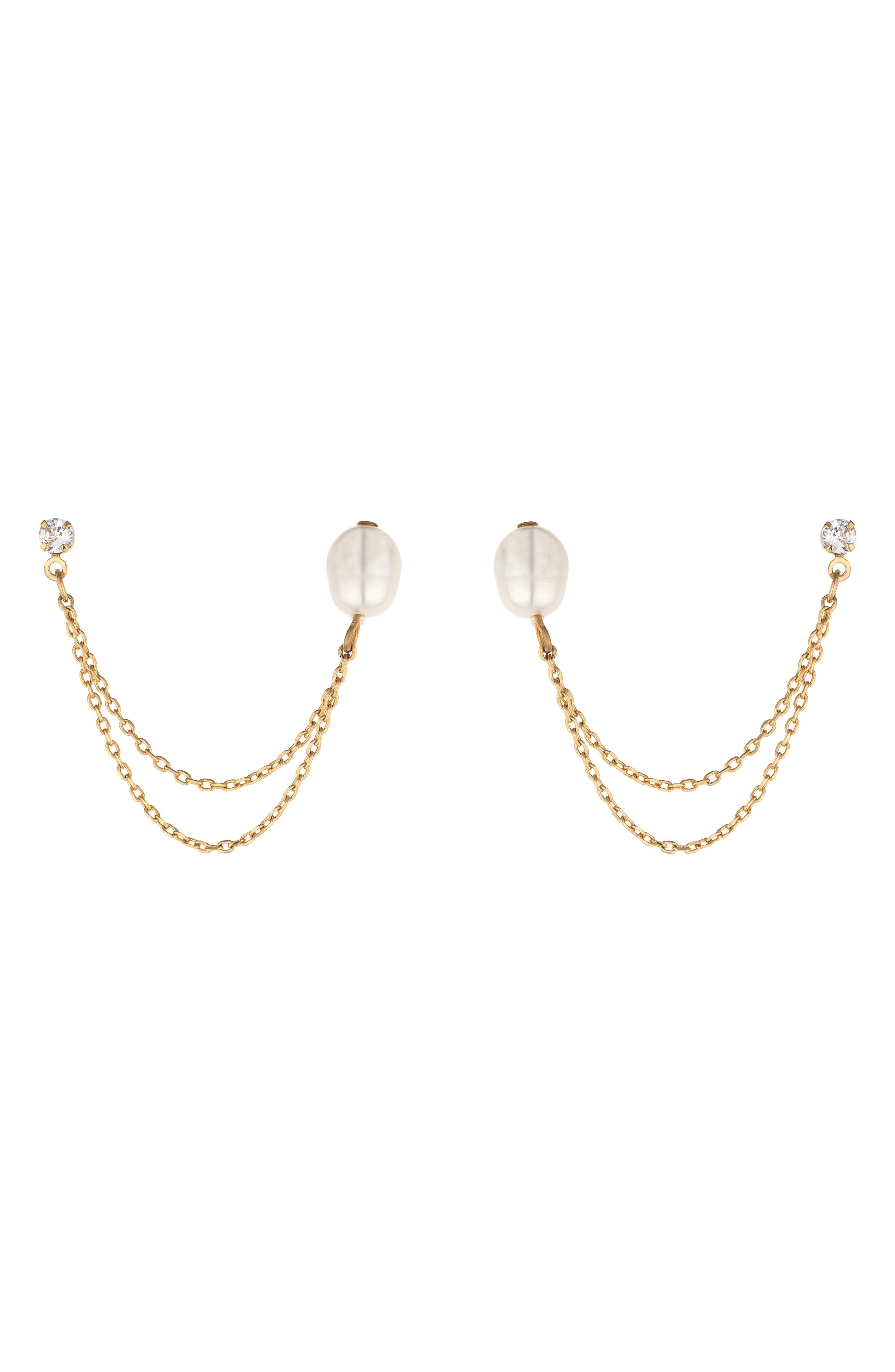 Ettika CZ & Imitation Pearl Double Chain Drop Earrings