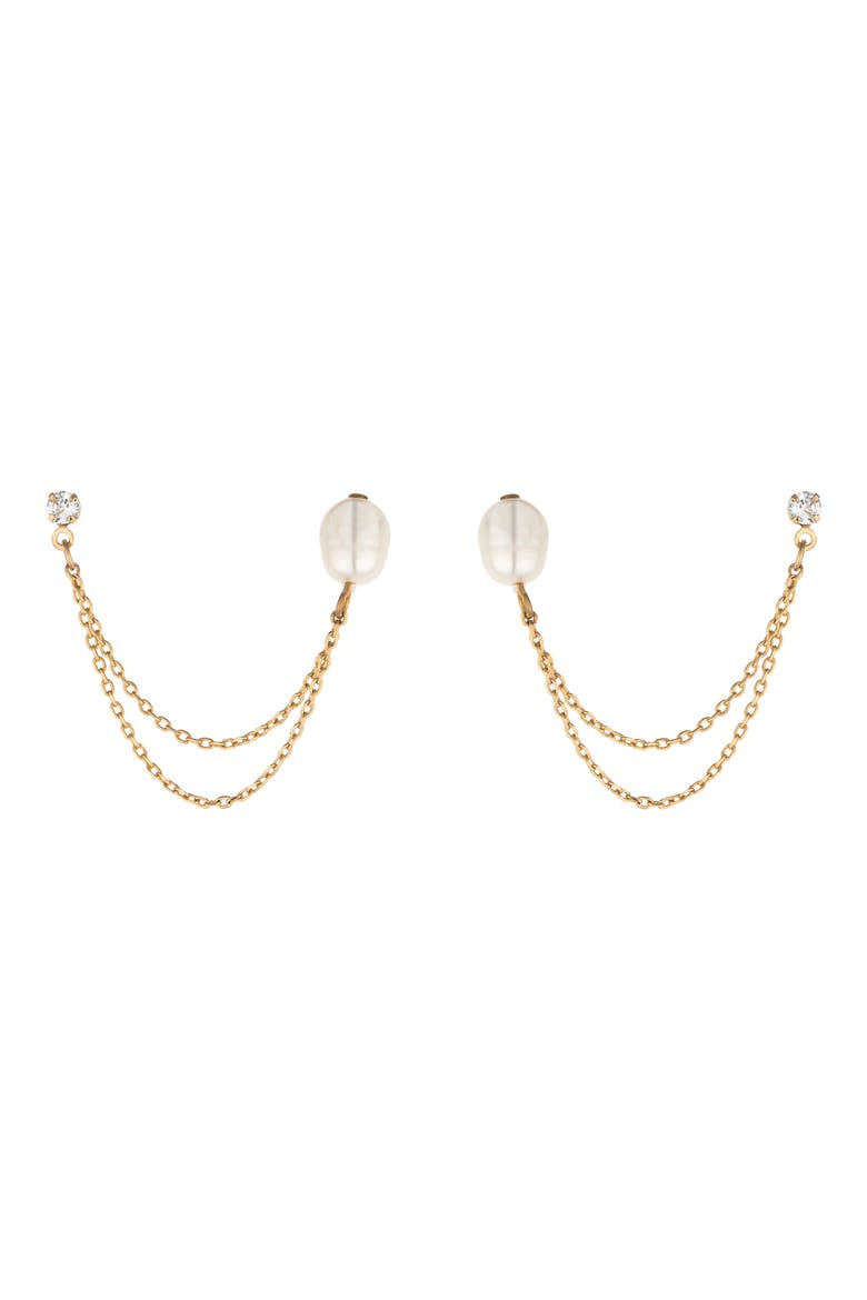CZ & Imitation Pearl Double Chain Drop Earrings, Main, color, GOLD