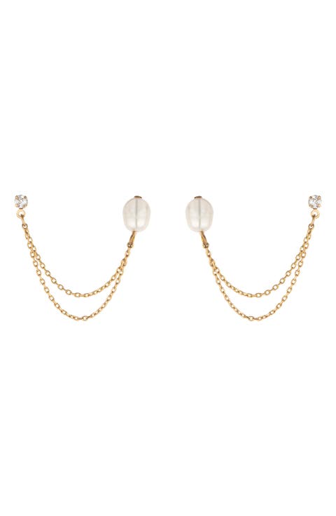 CZ & Imitation Pearl Double Chain Drop Earrings