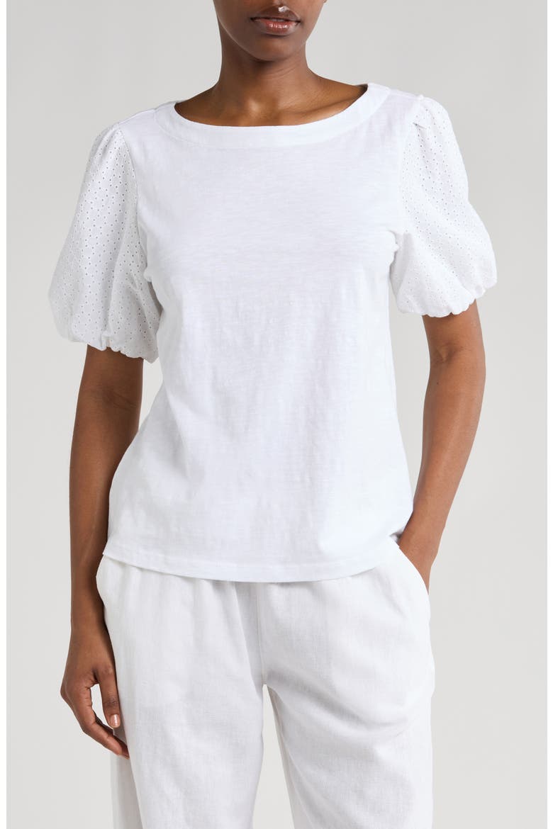 Eyelet Puff Sleeve Organic Cotton Top, Main, color, WHITE