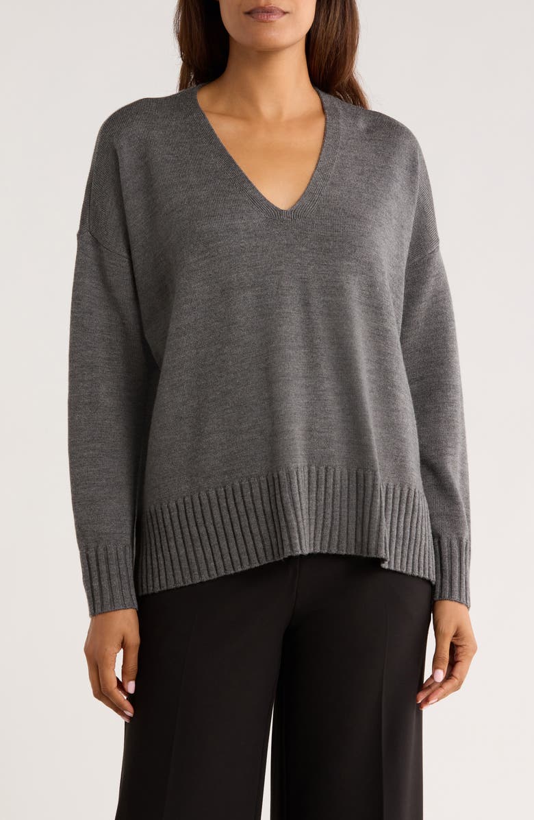Eileen Fisher V-Neck Wool Sweater, Main, color, Ash