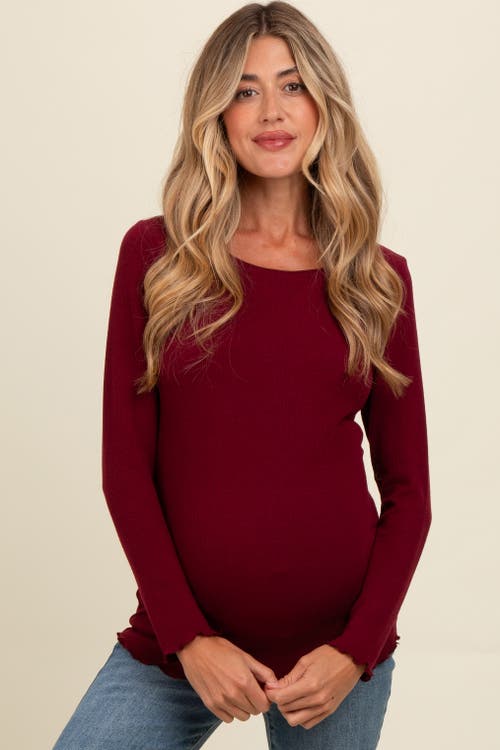 Pinkblush Ribbed Knit Long Sleeve Lettuce Hem Top In Burgundy
