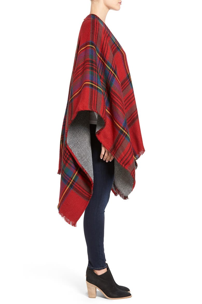 Reversible Plaid & Herringbone Cape, Alternate, color, RED