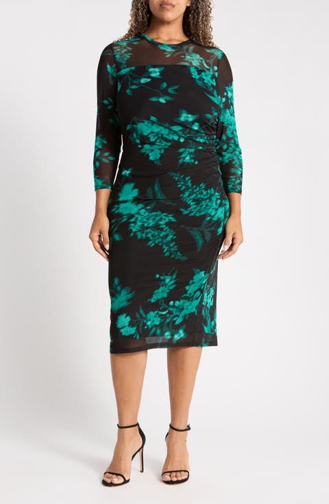 Printed Mesh Midi Dress