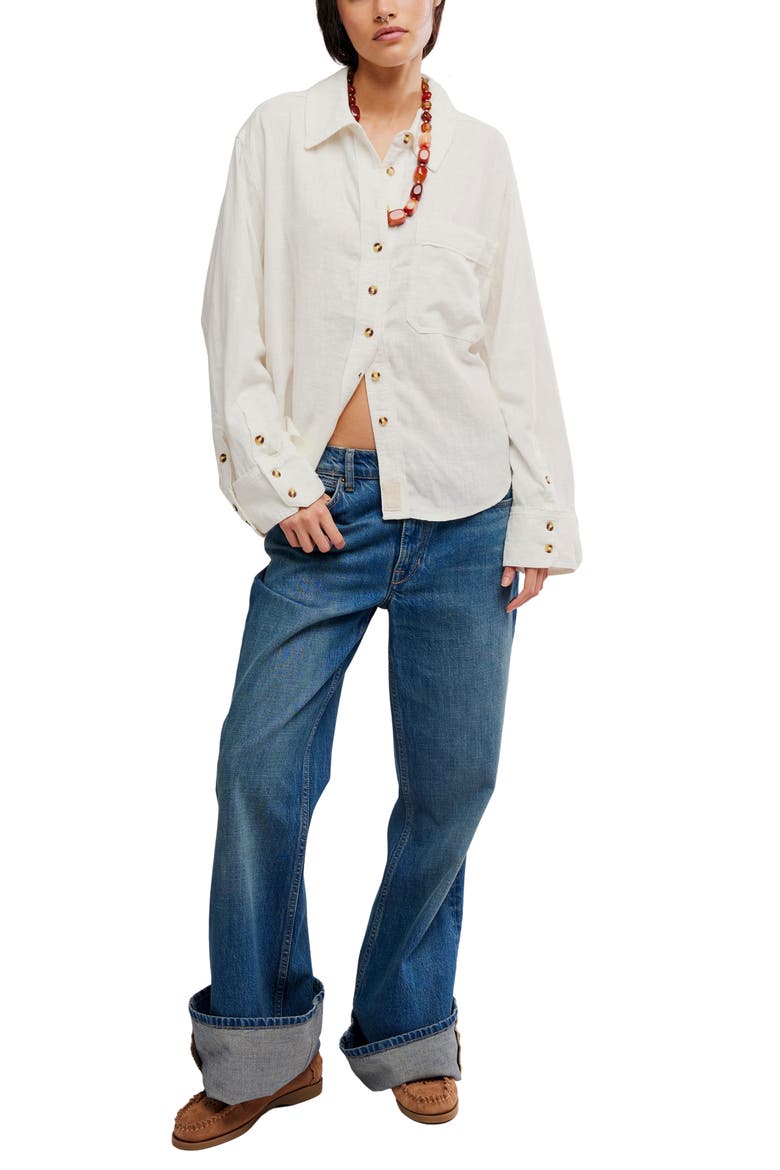 Laurel Linen Blend Button-Up Shirt, Alternate, color, CLEAN IVORY