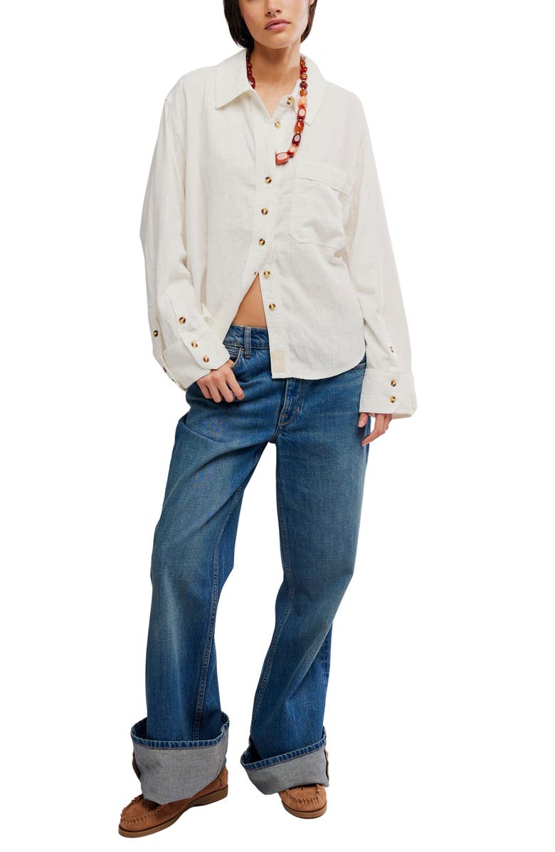 Free People Laurel Linen Blend Button-Up Shirt, Alternate, color, Clean Ivory