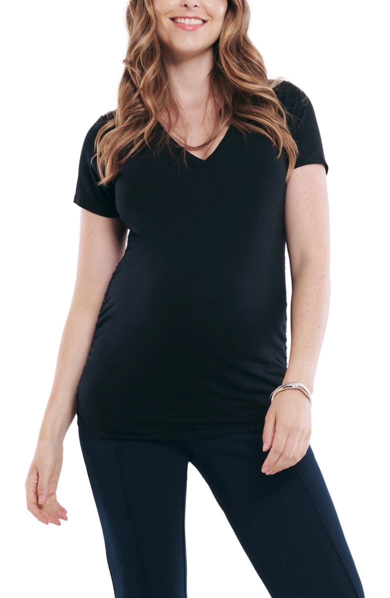 MOTHERHOOD MATERNITY V-Neck Side-Ruched Maternity Short Sleeve Tee, Main, color, Black