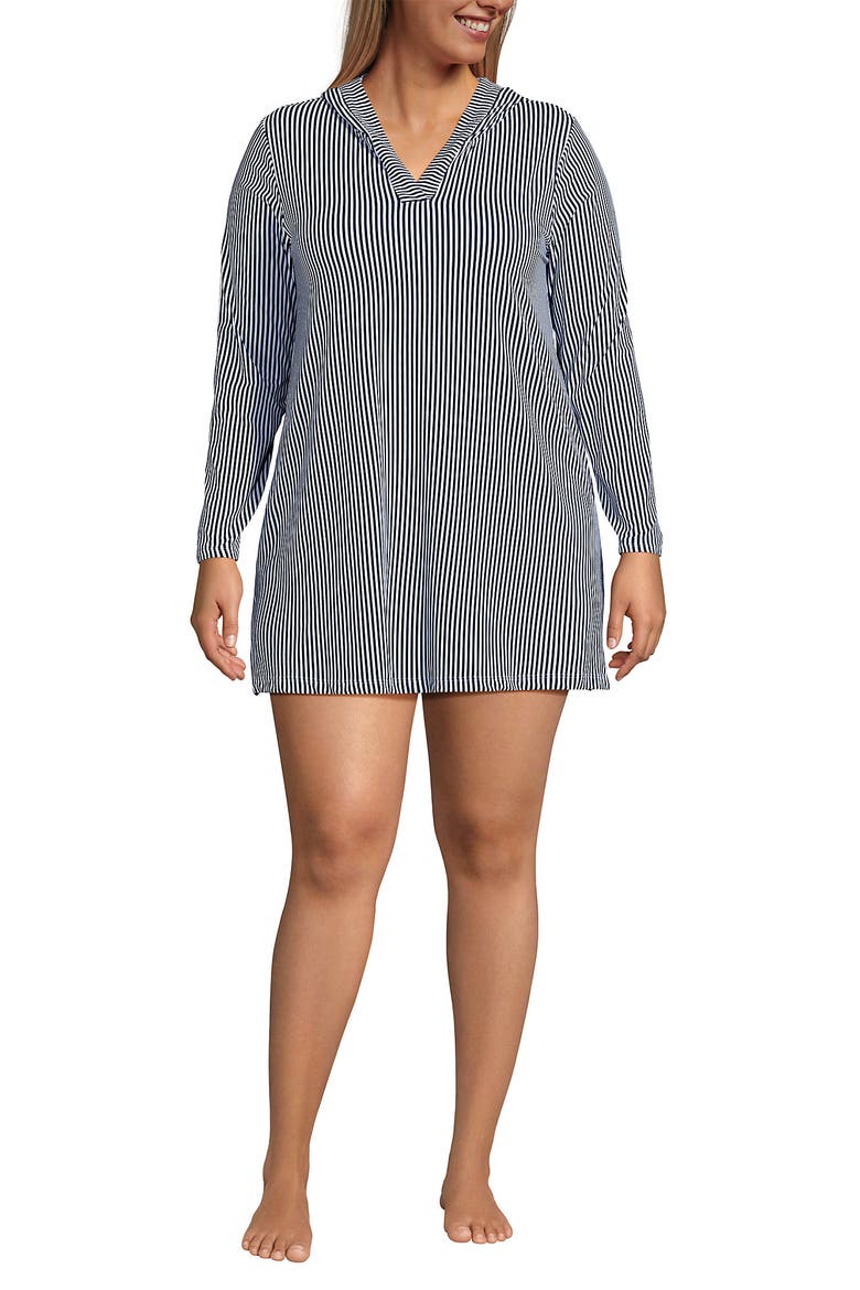 Plus Size SunShade UPF 50 Hooded Mini Swim Swim Cover-Up Dress, Main, color, Deep Sea Navy Mini Stripe