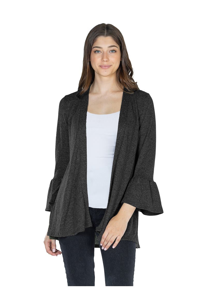 Womens Knit Three Quarter Bell Sleeve Open Cardigan, Main, color, Black