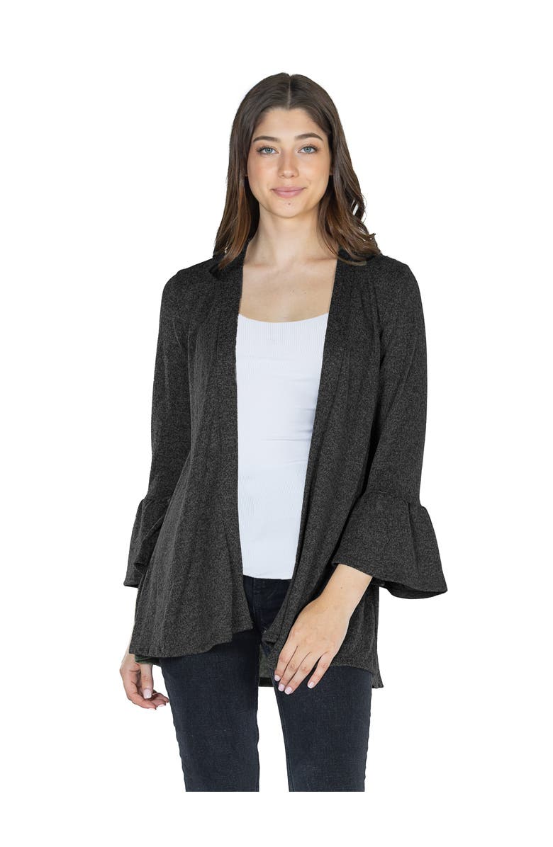 24seven Comfort Apparel Womens Knit Three Quarter Bell Sleeve Open Cardigan, Main, color, Black