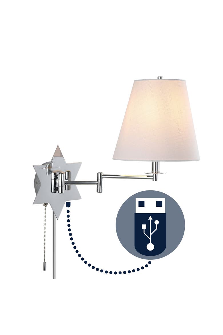 David 1-Light Modern French Country Swing Arm Plug-In or Hardwired Iron LED Star Wall Sconce with Pull-Chain and USB Charging Port, Main, color, Chrome/Grey