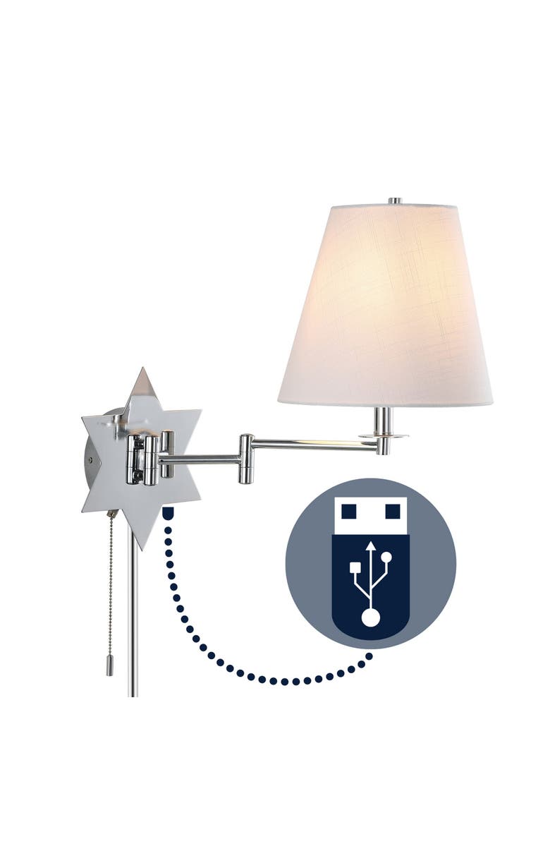 JONATHAN Y David 1-Light Modern French Country Swing Arm Plug-In or Hardwired Iron LED Star Wall Sconce with Pull-Chain and USB Charging Port, Main, color, Chrome/Grey