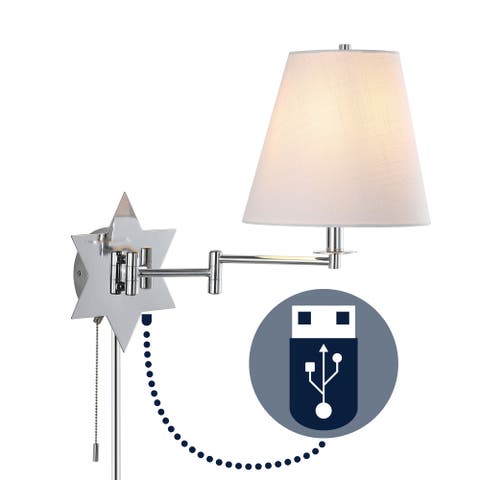 David 1-Light Modern French Country Swing Arm Plug-In or Hardwired Iron LED Star Wall Sconce with Pull-Chain and USB Charging Port