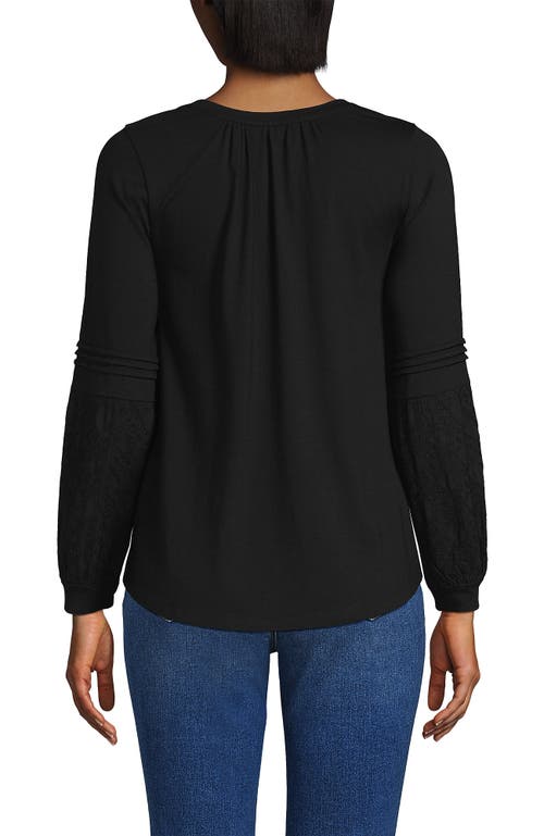 Lands' End Lightweight Jersey Lace Mix Long Sleeve Pintuck Top In Black