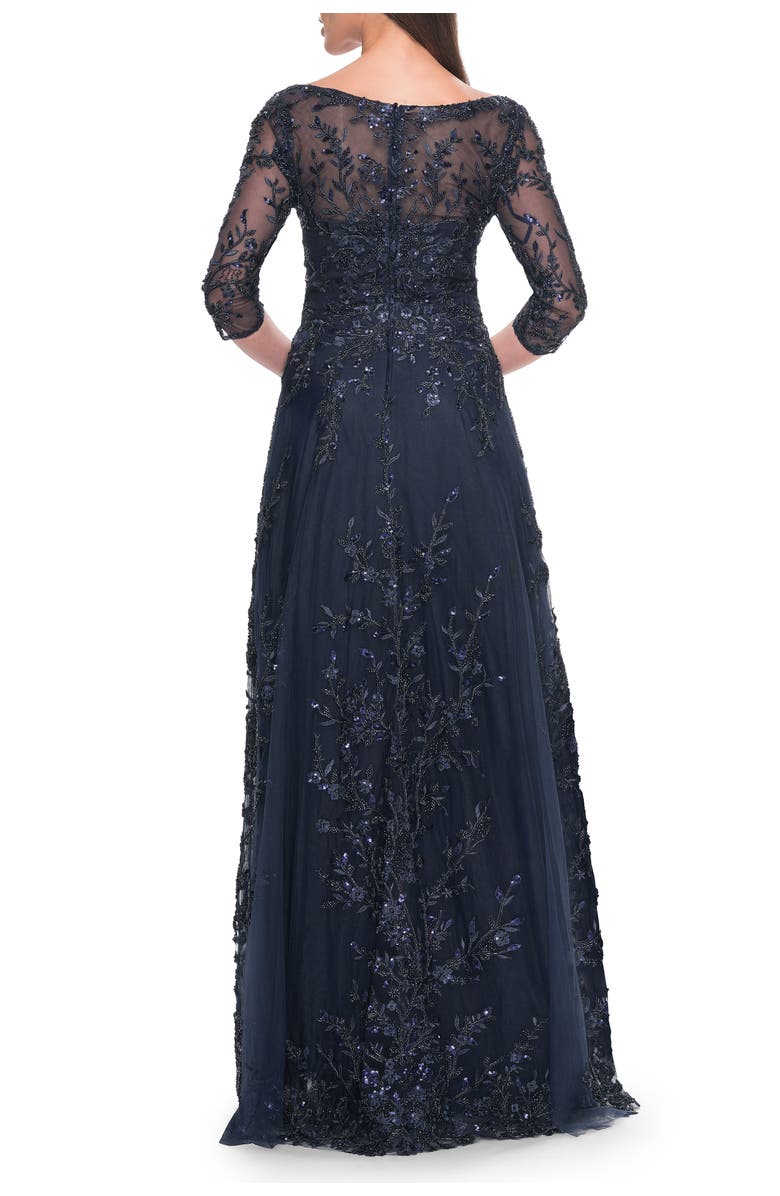 La Femme Stunning Evening Gown with Lace Beaded Design, Alternate, color, Navy
