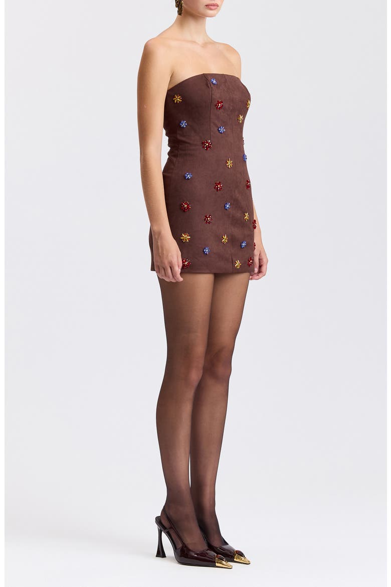 Gem Embellished Faux Suede Strapless Minidress, Alternate, color, MULTI GEM - CHOCOLAT