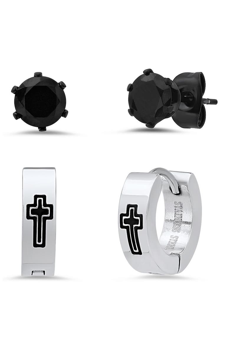 Unisex Set of 2 Black Stainless Steel Crystal Stud & Cross Hoop Earrings, Main, color, SILVER/ BLACK