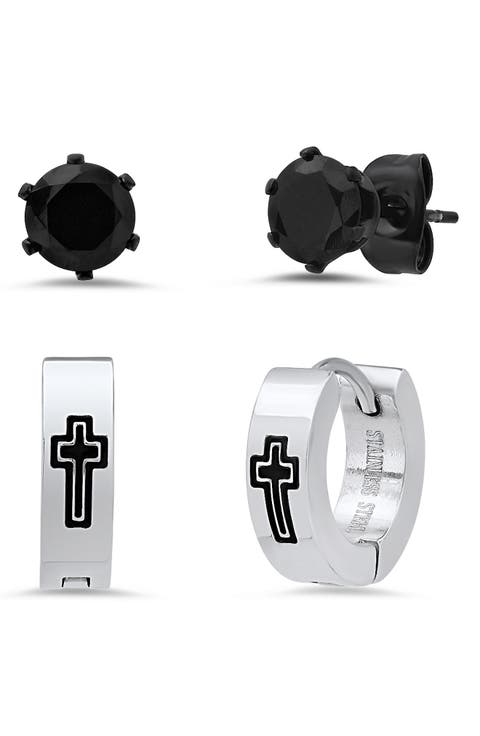 Unisex Set of 2 Black Stainless Steel Crystal Stud & Cross Hoop Earrings