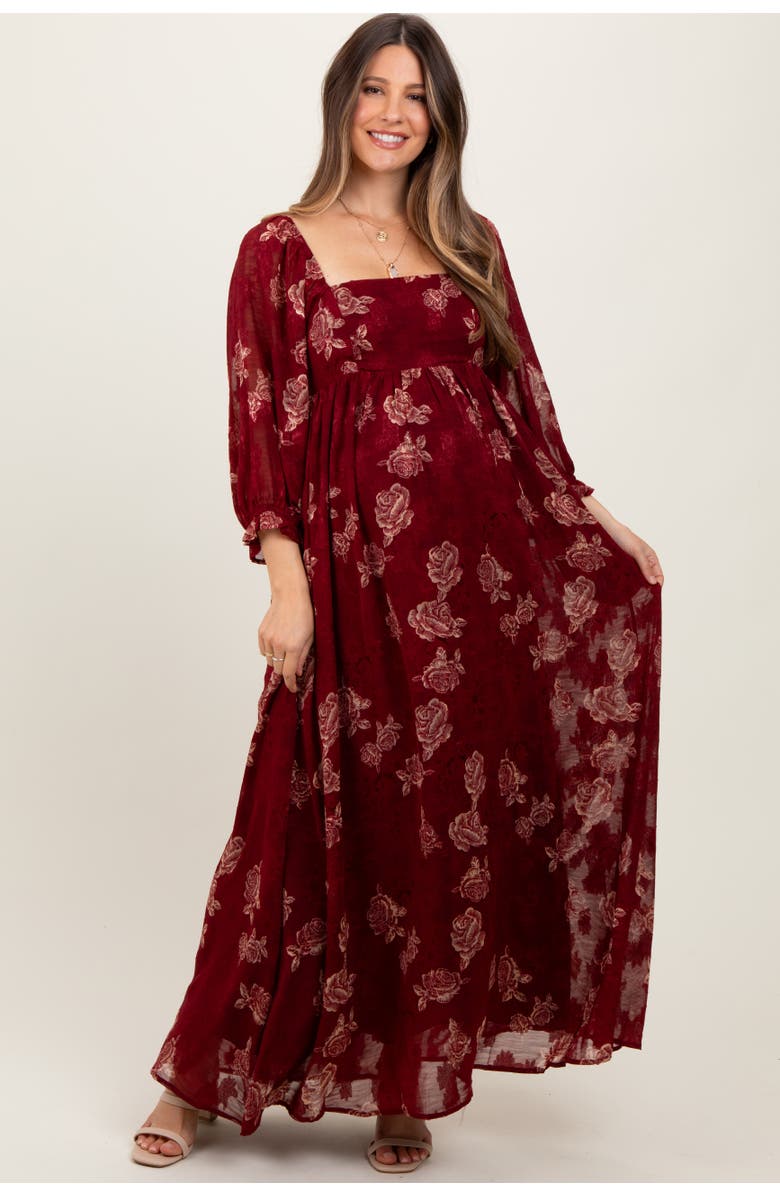 PinkBlush Multi Floral Textured Peasant Babydoll Maxi Dress, Main, color, Burgundy