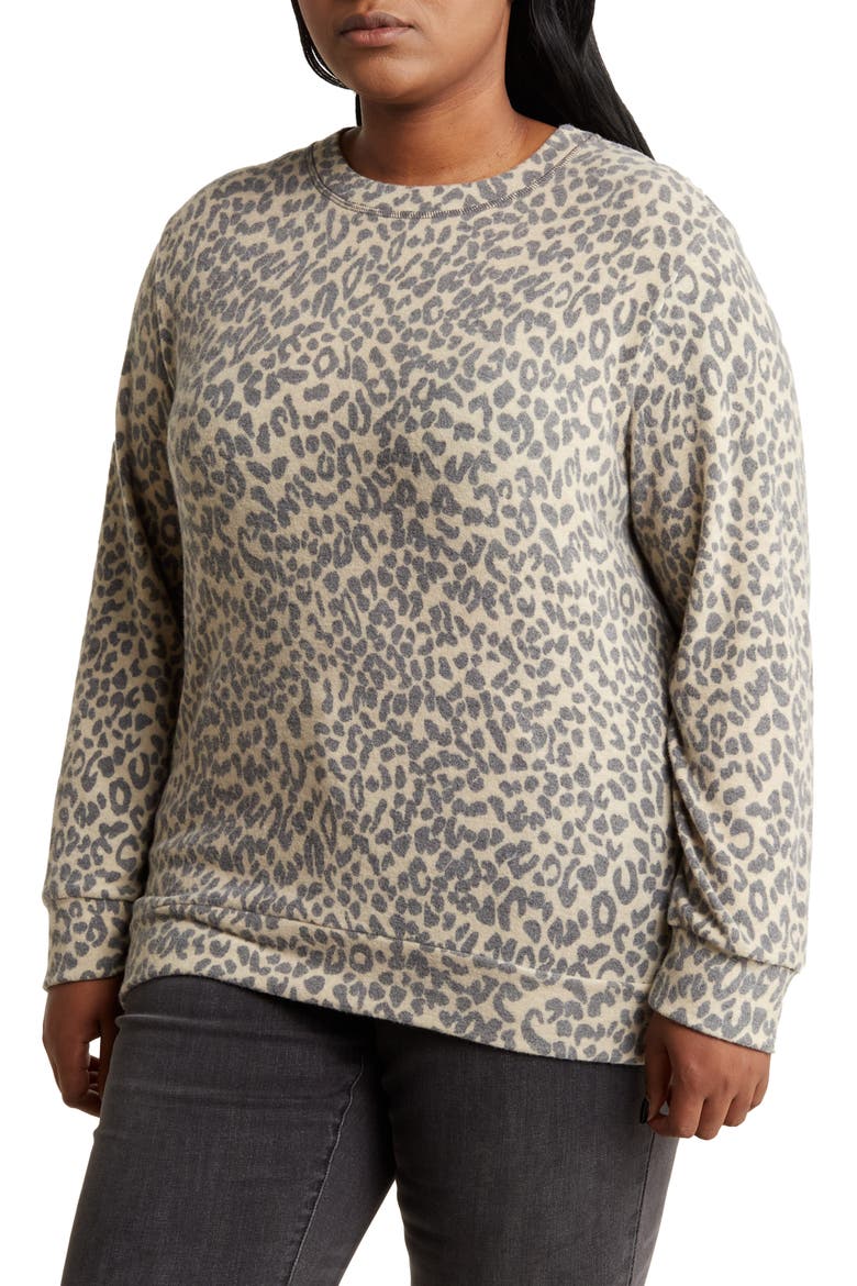 Loveapella Brushed Leopard Print Long Sleeve Crewneck Top, Main, color, CAMEL/ BLACK