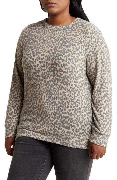 Loveapella Brushed Leopard Print Long Sleeve Crewneck Top (Plus Size)
