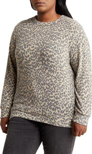 Loveappella Loveapella Brushed Leopard Print Long Sleeve Crewneck Top