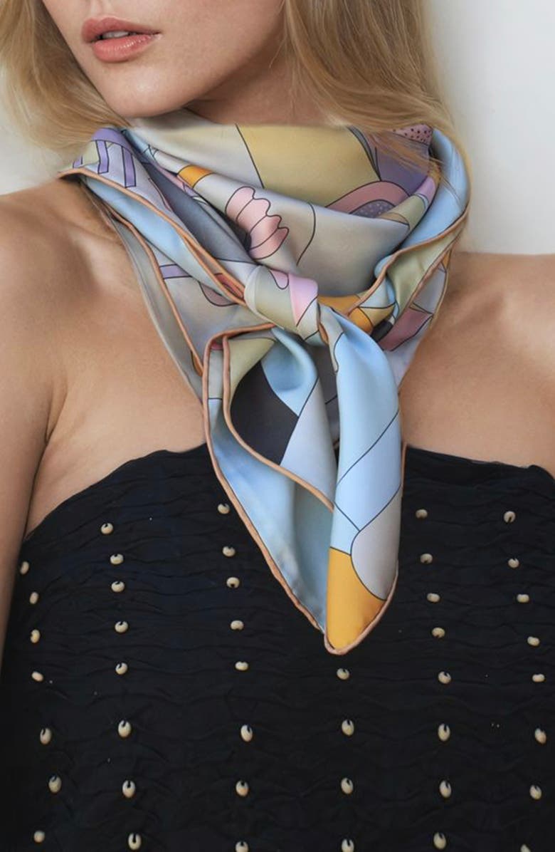 Jessie Zhao New York Double Sided Silk Scarf Of Jungle Puzzle, Alternate, color, Blue