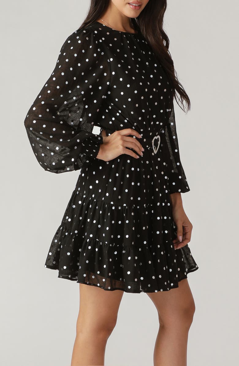 FLYING TOMATO Polka Dot Long Sleeve Belted Minidress, Alternate, color, Black