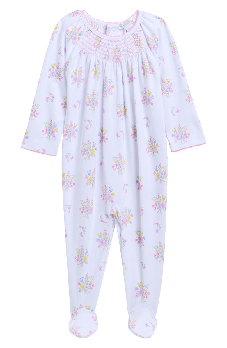 Kissy Kissy Floral Smocked Pima Cotton Footie, Main, color, White Multi