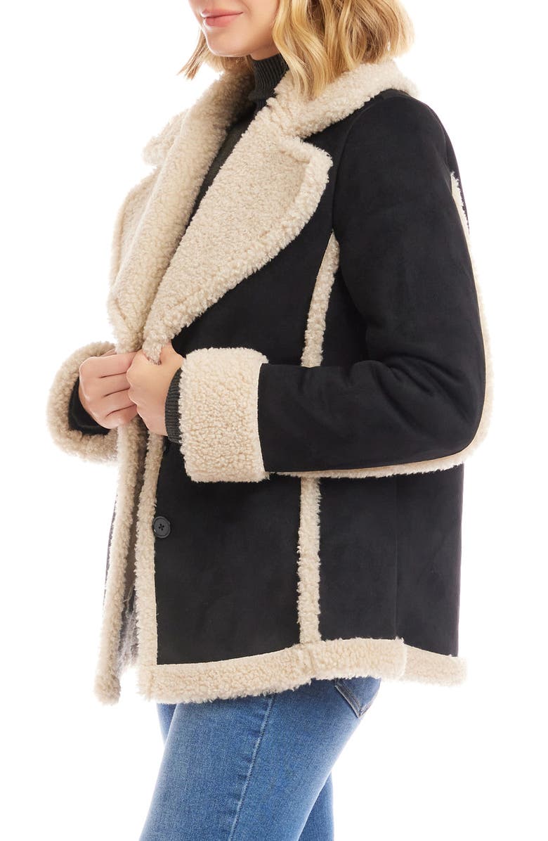 Karen Kane Faux Suede & Faux Shearling Trim Jacket, Alternate, color, Black/ Cream