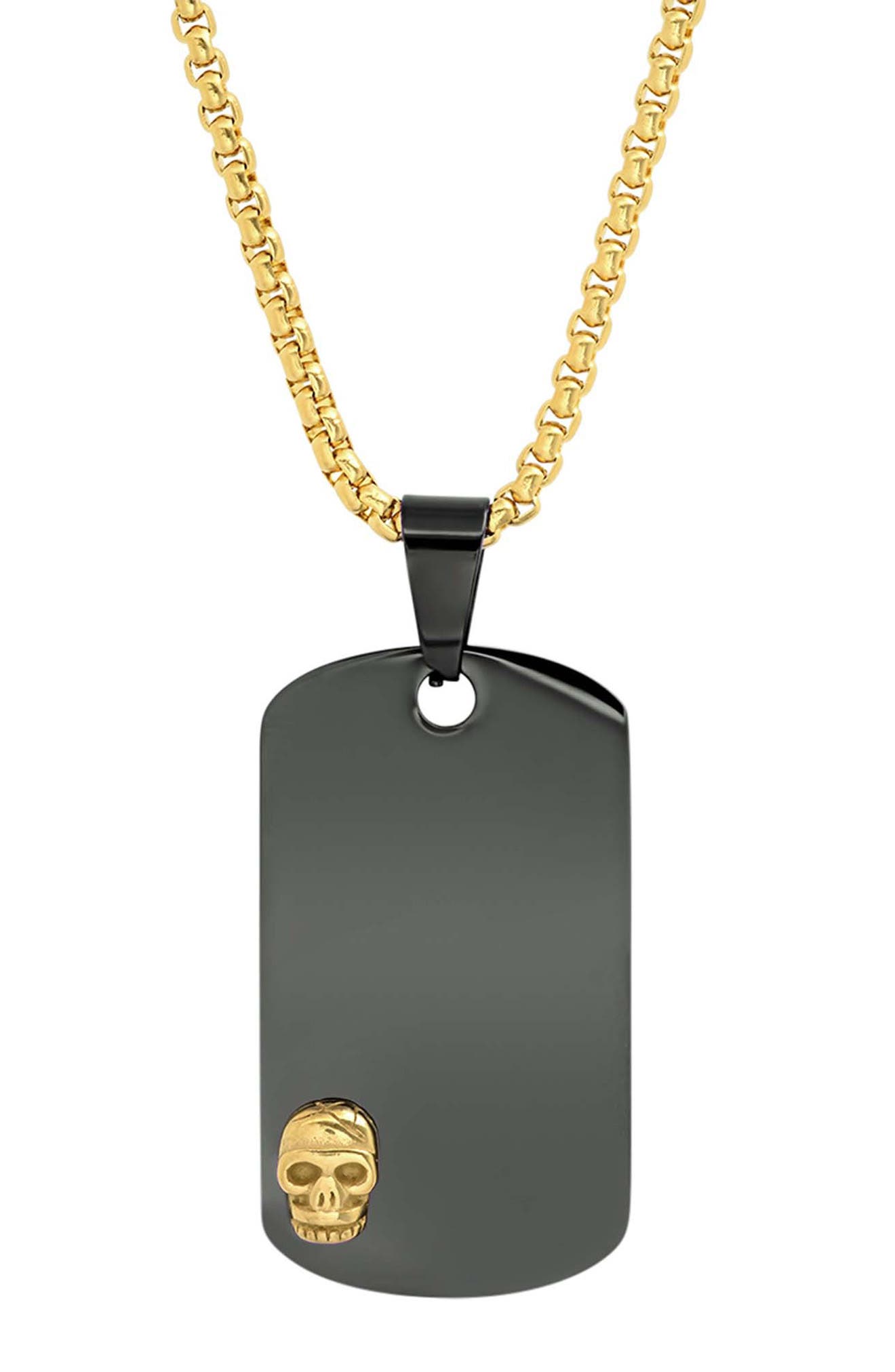 Men's Two Tone Skull Dog Tag Pendant Necklace