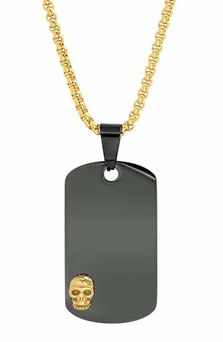 Men's Two Tone Skull Dog Tag Pendant Necklace
