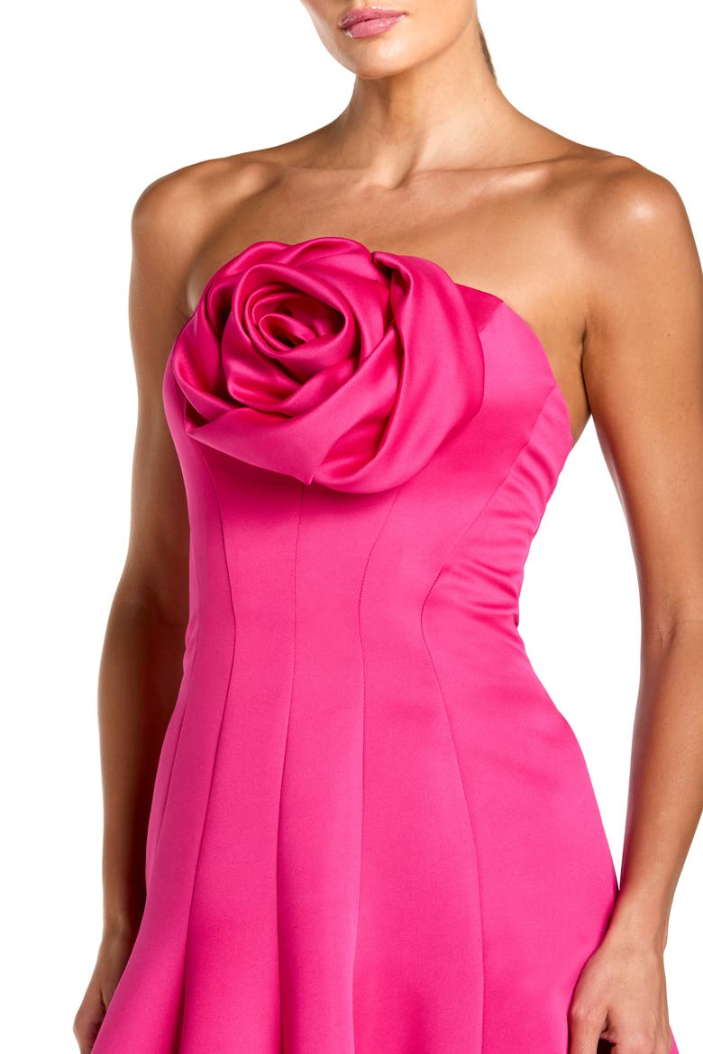 Satin Strapless Ballgown With 3D Flower Detail, Alternate, color, Fuchsia