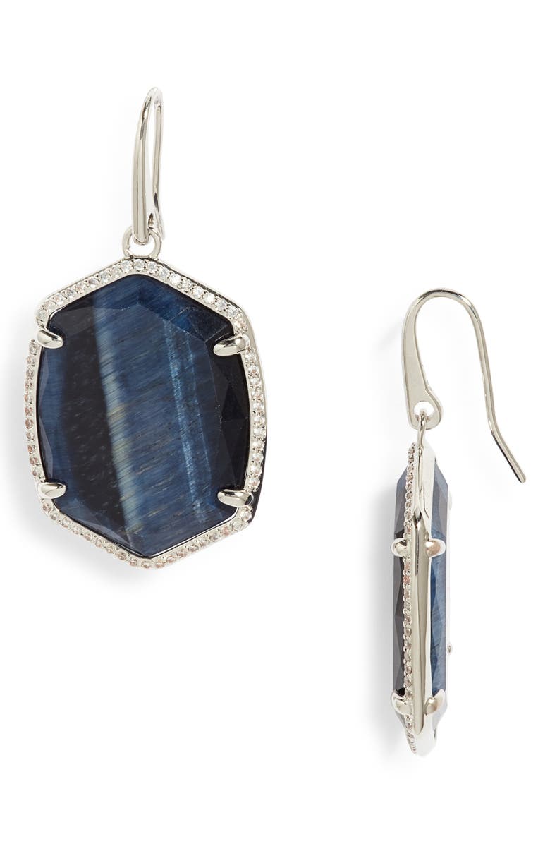 Kendra Scott Daphne Pavé Frame Drop Earrings, Main, color, Rhodium Navy Tigers Eye
