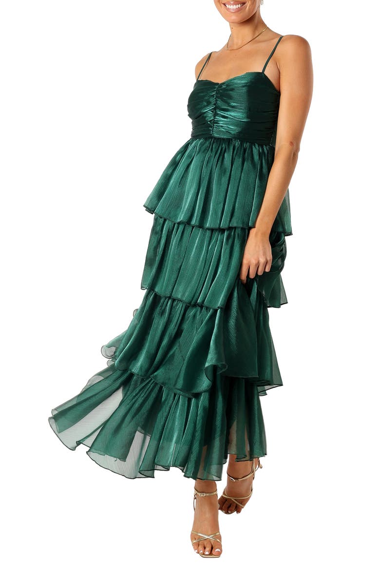 Jace Tiered Satin Gown, Main, color, SHIMMER EMERALD
