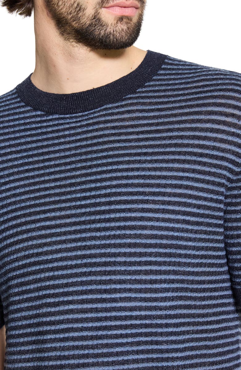 Theory Stripe Short Sleeve Linen & Cotton Blend Crewneck Sweater, Alternate, color, Baltic/Dark Rainstorm - 2Dw