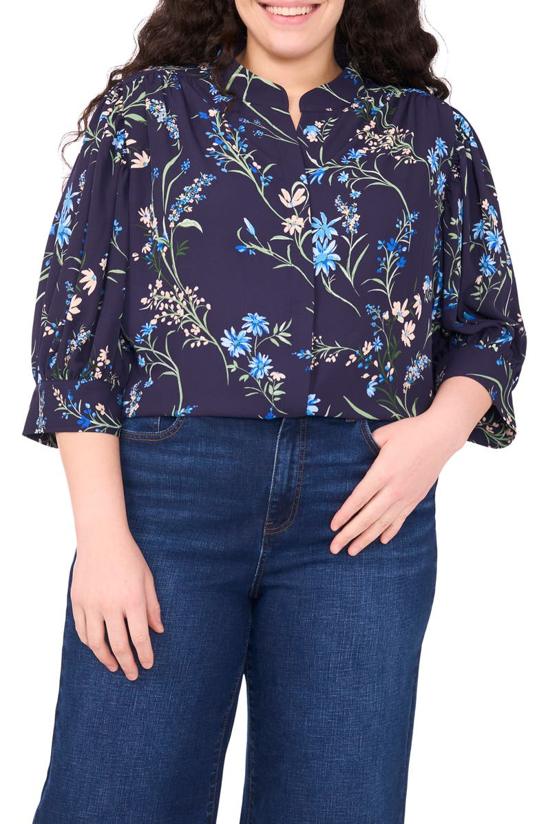 CeCe Split Neck Top, Main, color, Classic Navy