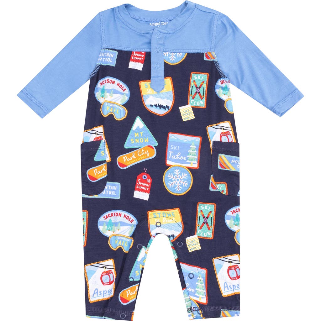 Angel Dear Vintage Ski Patches Romper In Blue