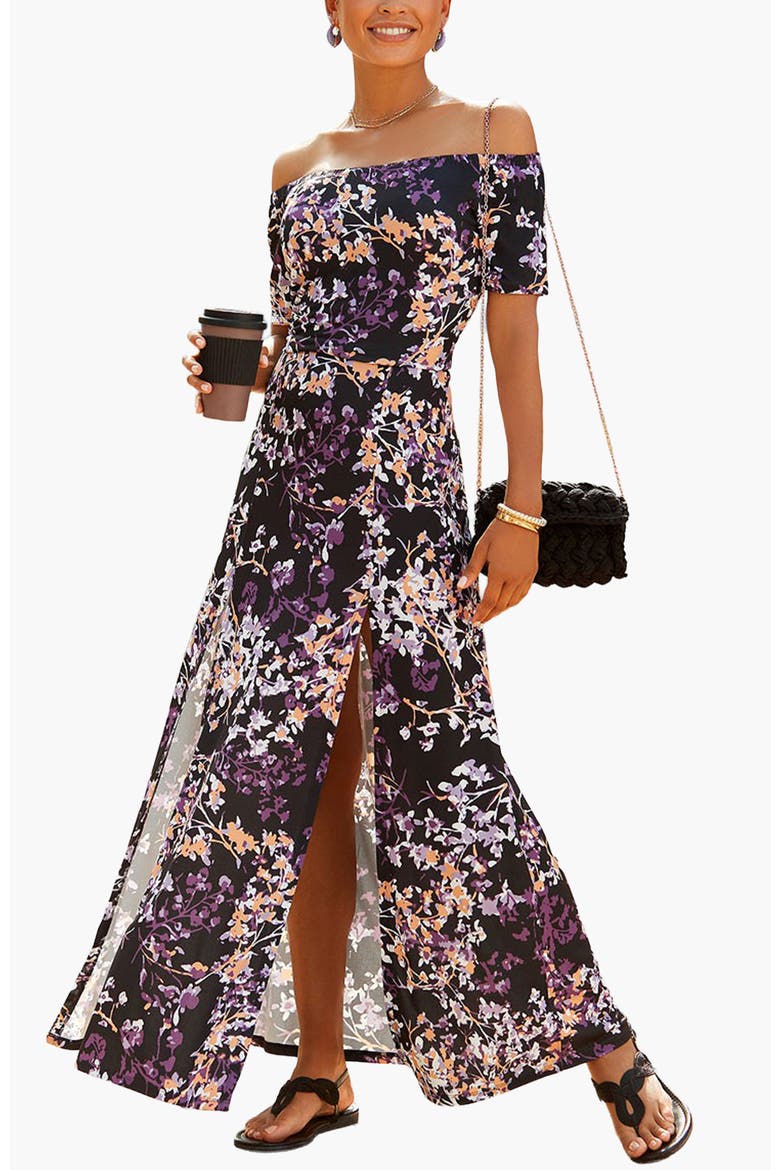 Women's Floral Off Shoulder Maxi Dress, Main, color, Black Multi