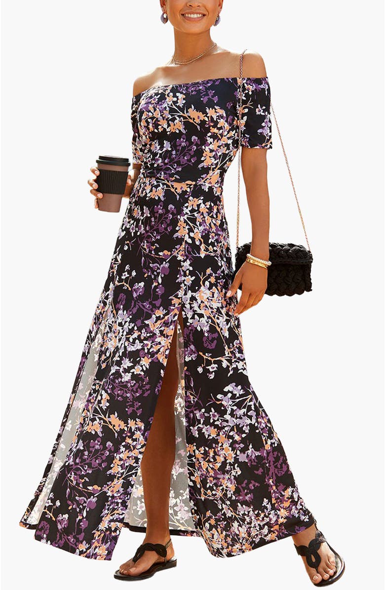 LASCANA Women's Floral Off Shoulder Maxi Dress, Main, color, Black Multi