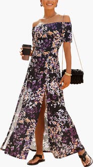 LASCANA Women's Floral Off Shoulder Maxi Dress