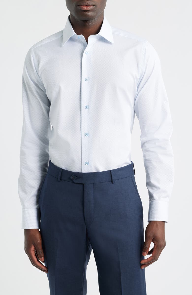 David Donahue Slim Fit Geometric Pattern Cotton Dobby Dress Shirt, Main, color, White/ Sky