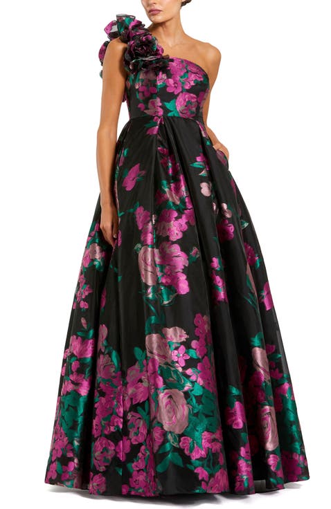 One Shoulder Floral Brocade Ballgown