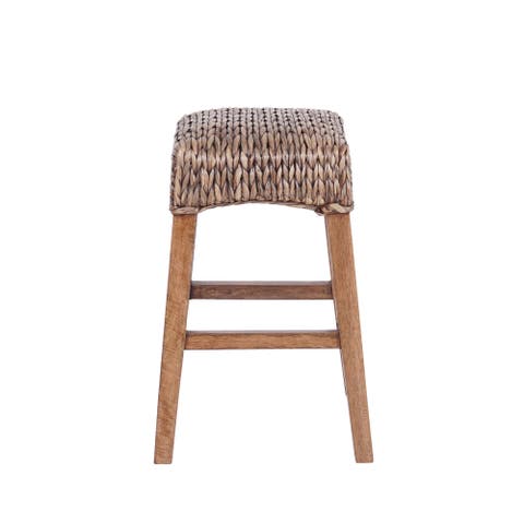 Maui Hyacinth/Wood Backless Stool, Woven Seat with Natural Wood Frame